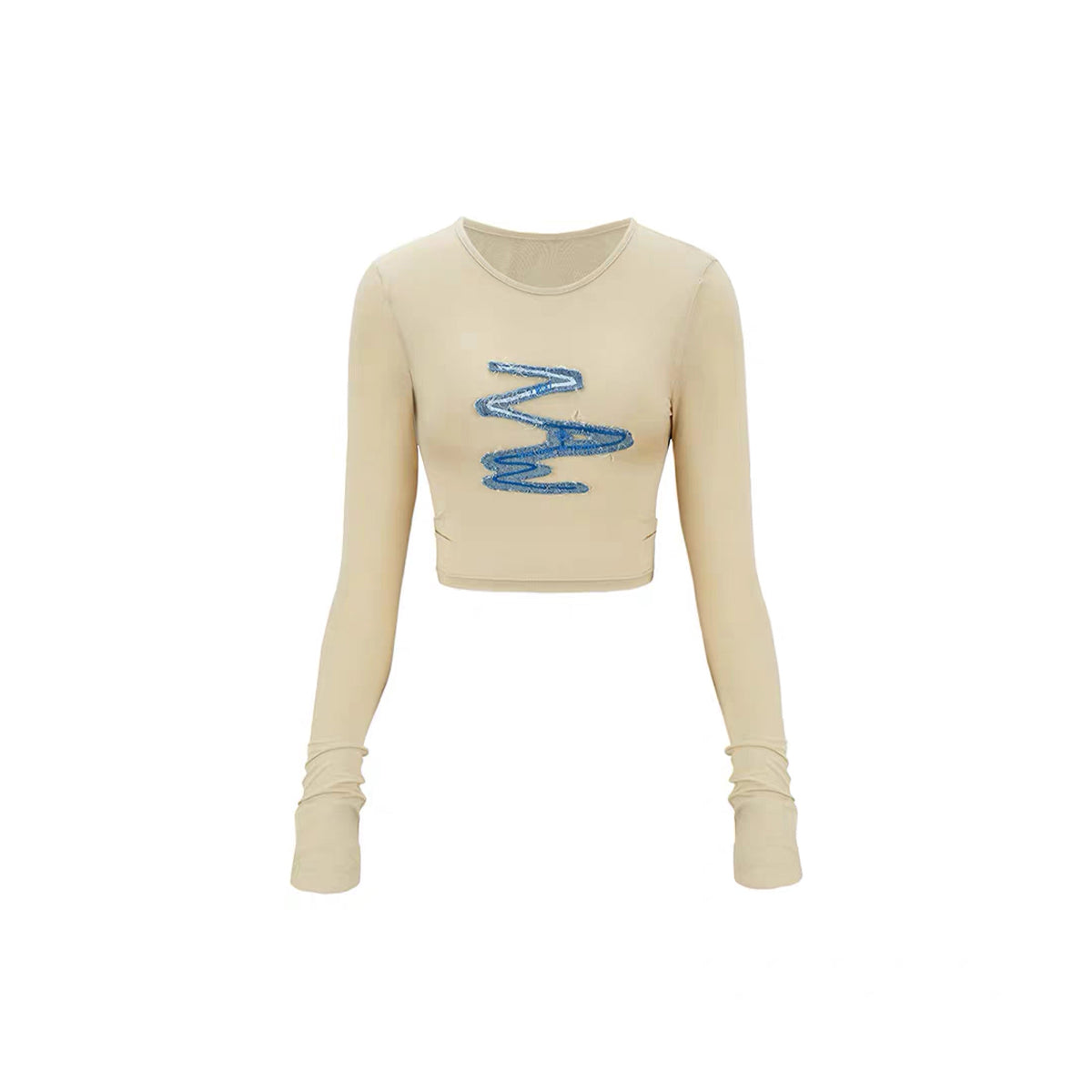 NotAwear Denim Patchwork Mesh Long Sleeve Top Beige