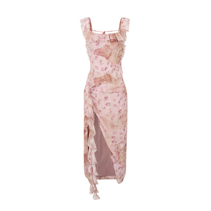 Via Pitti Distressed Ribbon Halter Floral Long Dress