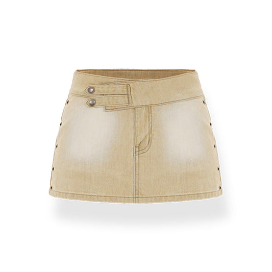 NAWS Distressed Washed A-Line Denim Skirt Khaki