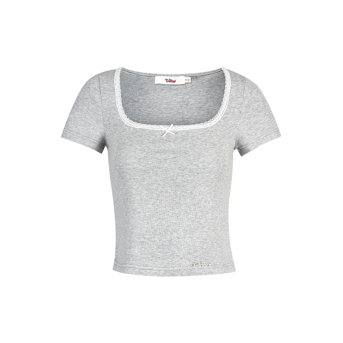 Liilou Bow Lace Edge Square Neck T-Shirt Gray