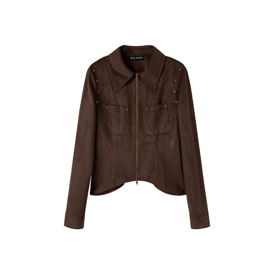 Via Pitti Rose Rivet Suede Leather Zipped Slim Shirt