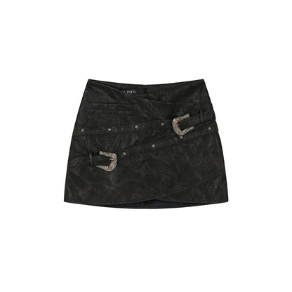 Via Pitti Irregular Rose Rivet Leather Skirt Black