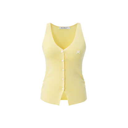 MacyMccoy Pearl Button Pleated V-Neck Knit Vest Yellow