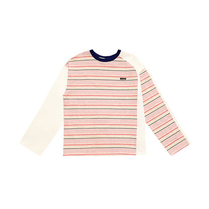 AsGony Contrast Color Striped Casual L/S T-Shirt Pink