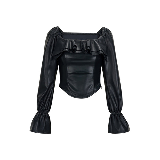 Via Pitti Falbala Collar Puff Sleeve Leather Top Black