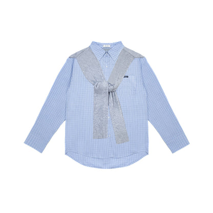 AsGony Fake-2-Piece Shawl Plaid Casual Shirt Blue