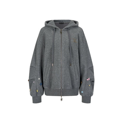 Via Pitti Multi-Color Button Patch Zip Up Hoodie Gray