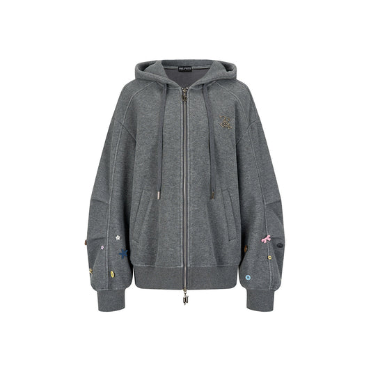 Via Pitti Multi-Color Button Patch Zip Up Hoodie Gray