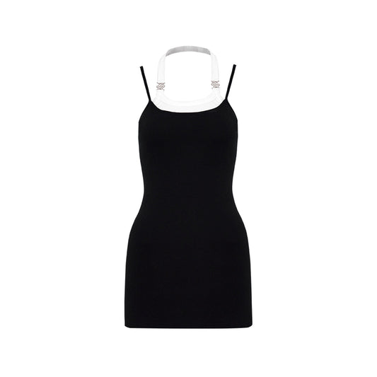 Liilou Fake-2-Piece Halter Waisted Slip Dress Black