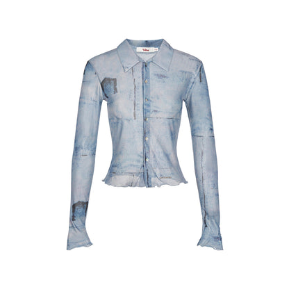 Liilou Faux Denim Printed Slim Shirt