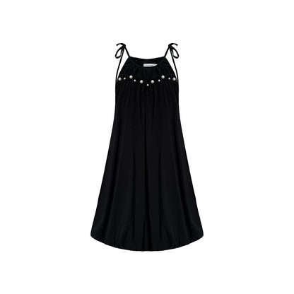 AsGony Pearl Bud Slip Puffy Dress Black