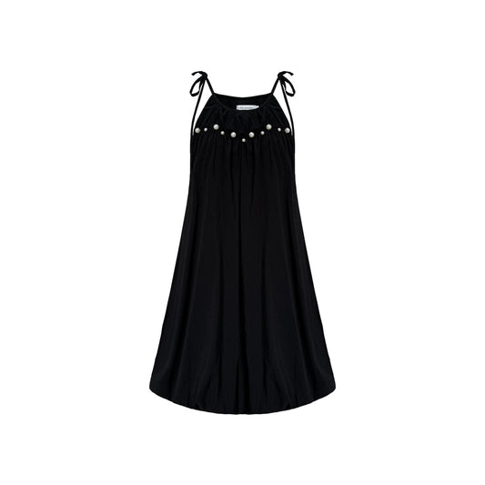 AsGony Pearl Bud Slip Puffy Dress Black