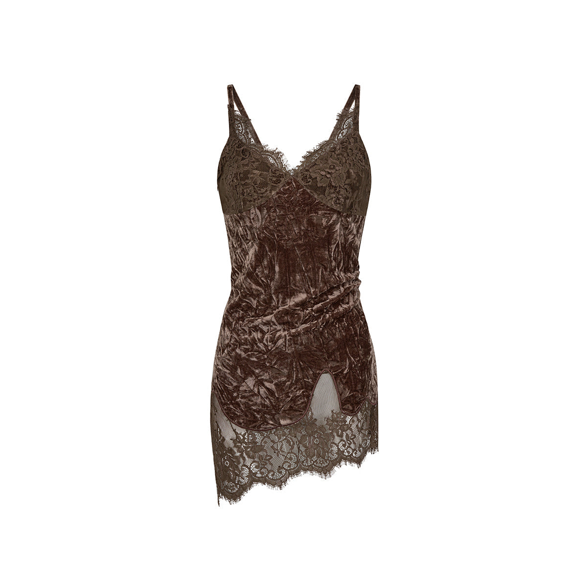 Via Pitti Heavy Lace Patchwork Irregular Slip Vest Brown