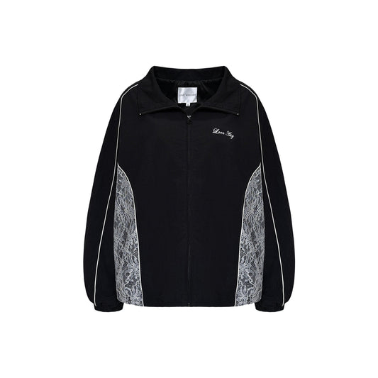 AsGony Retro Lace Applique Casual Jacket Black