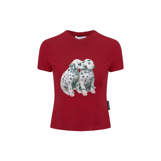 AsGony Printed Spotted Puppy Slim T-Shirt Red