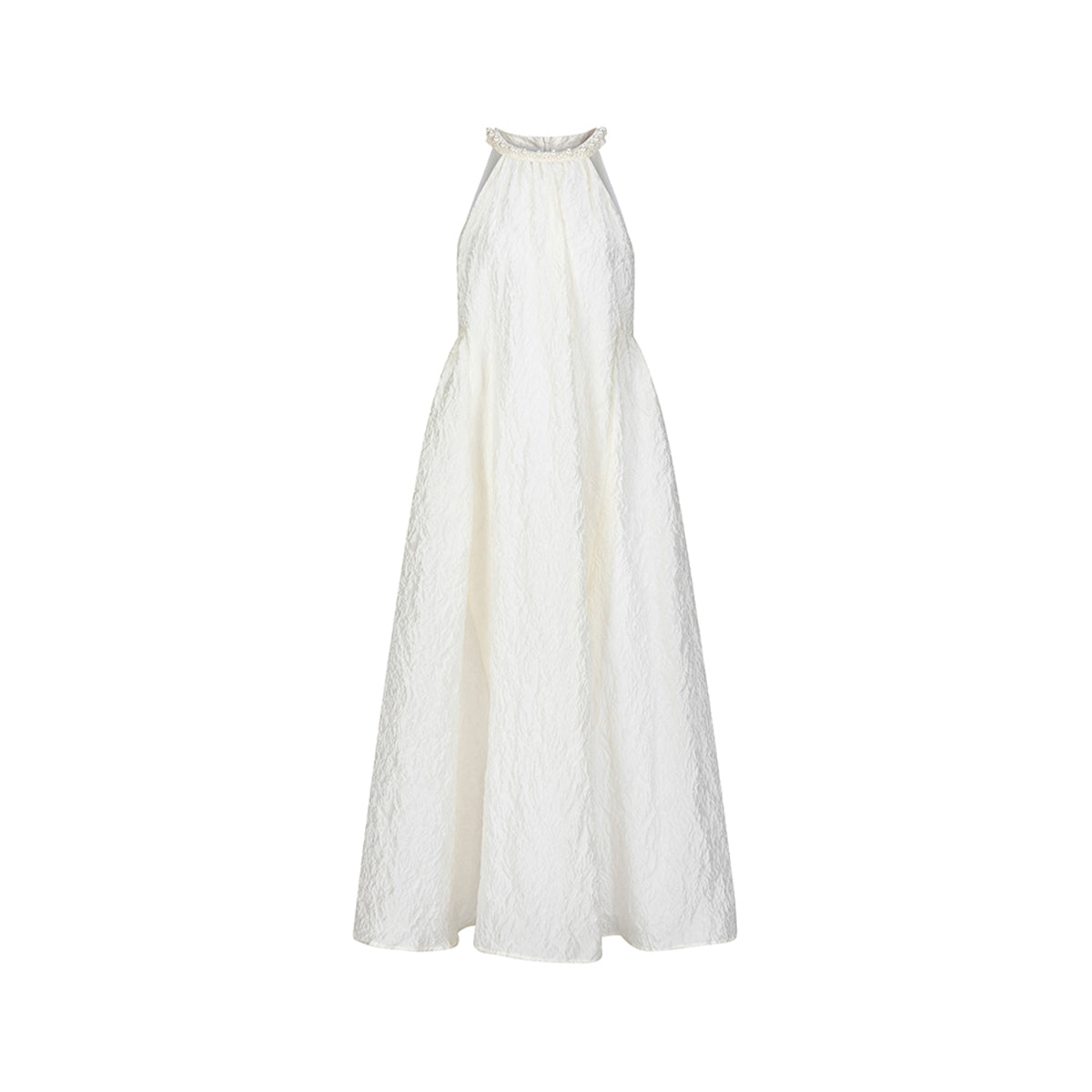 Marc Moore Hand Beaded Halter Jacquard Pleated Long Dress White