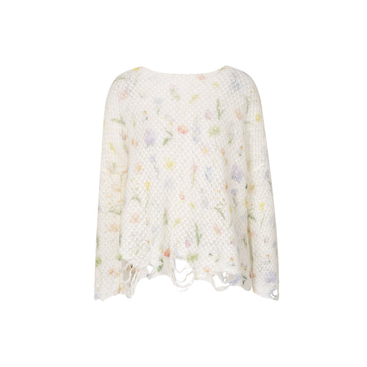 Kroche Hand-Drawn Floral Mohair Destroyed Knit Top