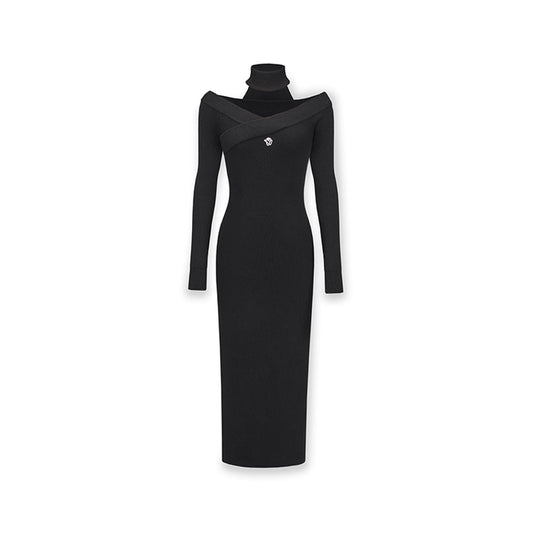 NotAwear Logo Embroidery Woolen Knit Off-Shoulder Dress