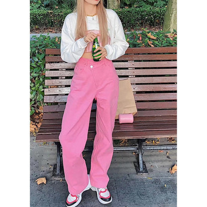 Three Quarters Misplaced Button Denim Pants Pink