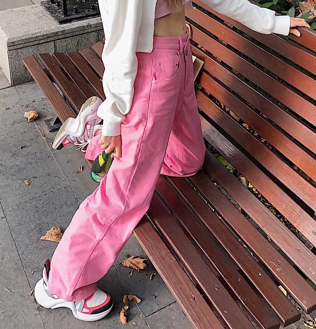 Three Quarters Misplaced Button Denim Pants Pink