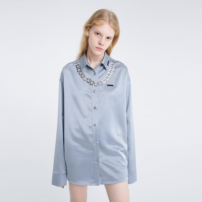 Cottia Logo Chain Satin Shirt Blue