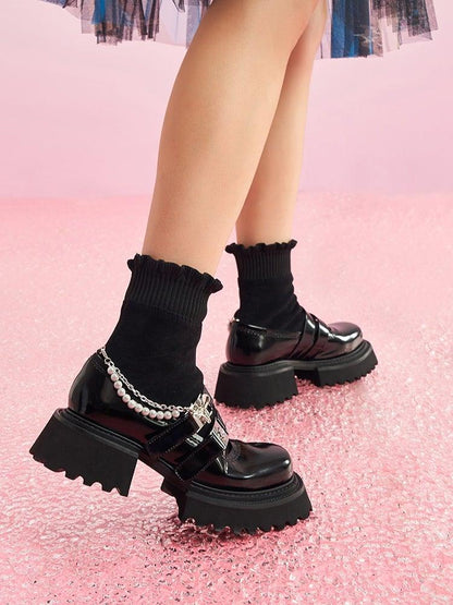 SugarSu Pearl Chain Double Buckle Stocking Boots Black