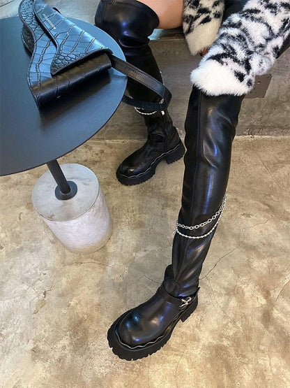 SugarSu Over-knee Buckle Chain Boots Black