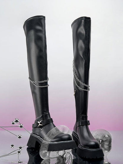 SugarSu Over-knee Buckle Chain Boots Black