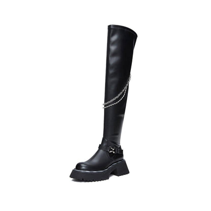 SugarSu Over-knee Buckle Chain Boots Black