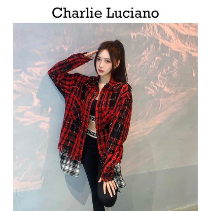 Charlie Luciano Tweed Patchwork Over Shirt Red