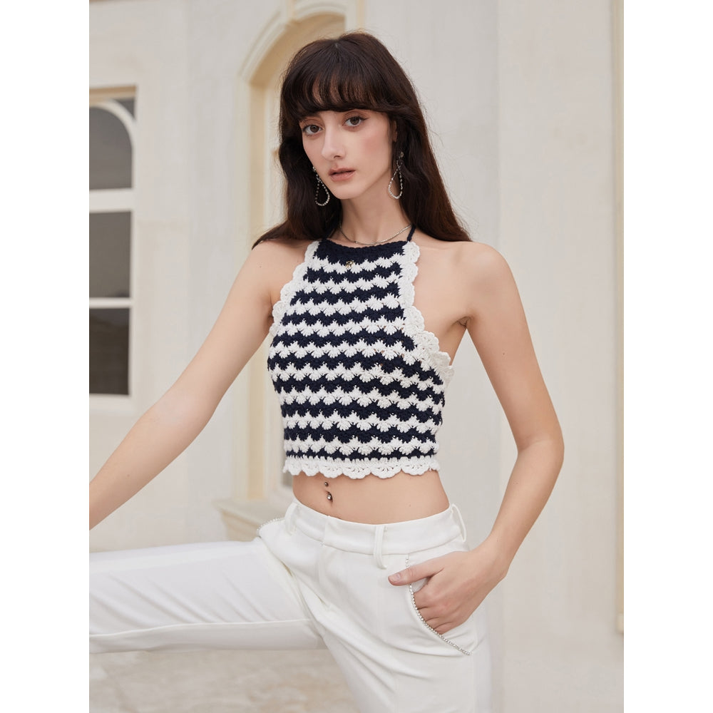 Rocha Roma Hand Crochet Striped Knit Top