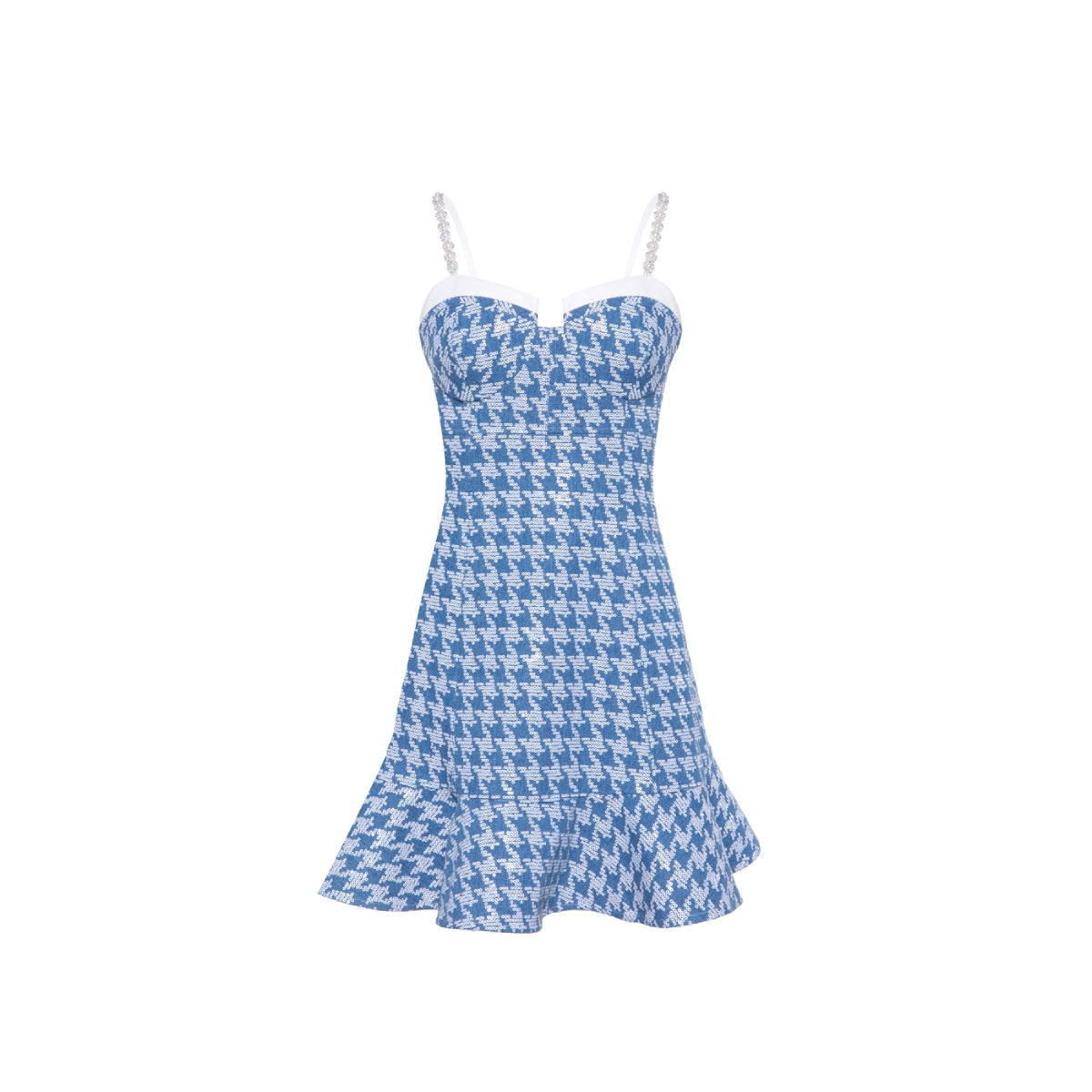 Rocha Roma Pearl Chain Houndstooth Dress Blue