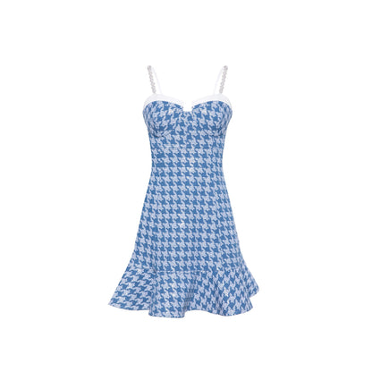 Rocha Roma Pearl Chain Houndstooth Dress Blue