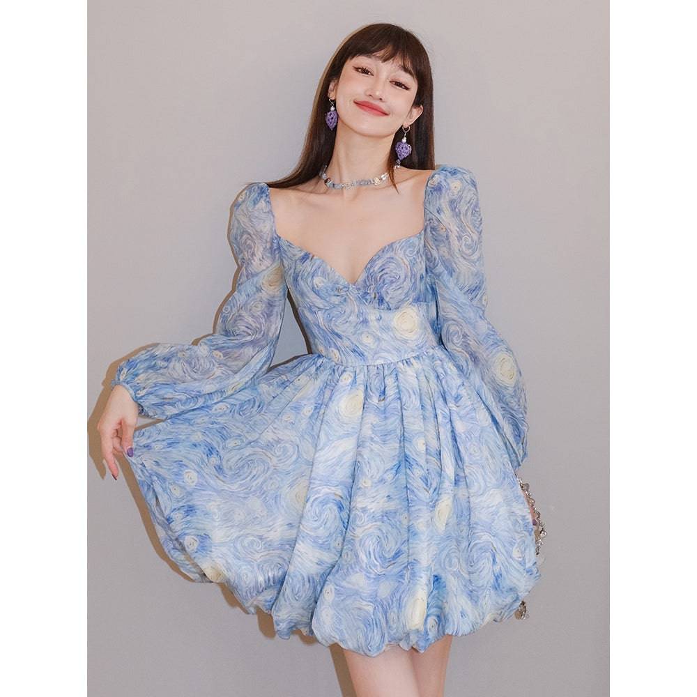 Callrinduck Starry Sky Painting Short Puff Dress Blue