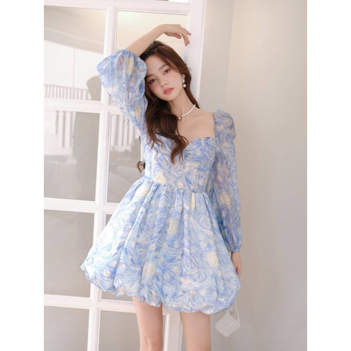 Callrinduck Starry Sky Painting Short Puff Dress Blue