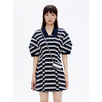 Revan Striped Cutting OUt Polo Dress Navy