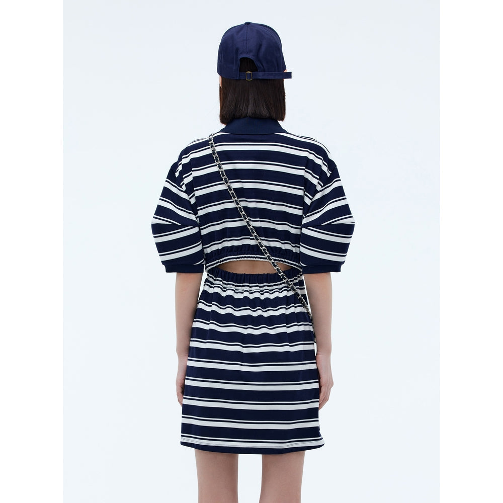 Revan Striped Cutting OUt Polo Dress Navy