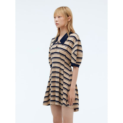 Revan Striped Cutting OUt Polo Dress Khaki