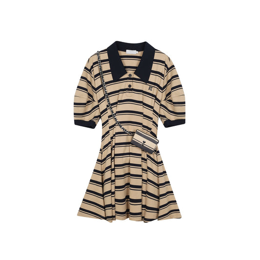 Revan Striped Cutting OUt Polo Dress Khaki