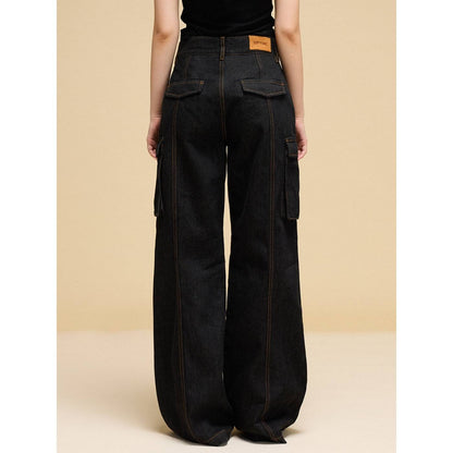 IFIK Wide-Leg Pocket Denim Cargo Pants Black