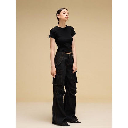 IFIK Wide-Leg Pocket Denim Cargo Pants Black