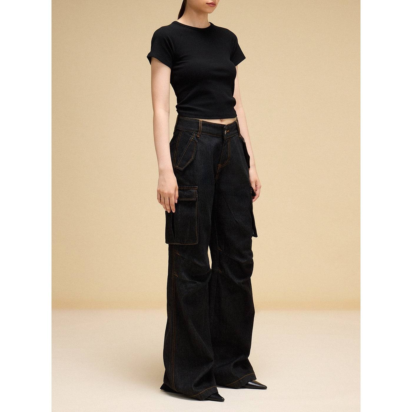 IFIK Wide-Leg Pocket Denim Cargo Pants Black