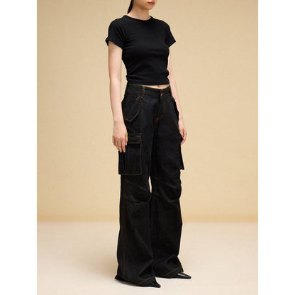 IFIK Wide-Leg Pocket Denim Cargo Pants Black