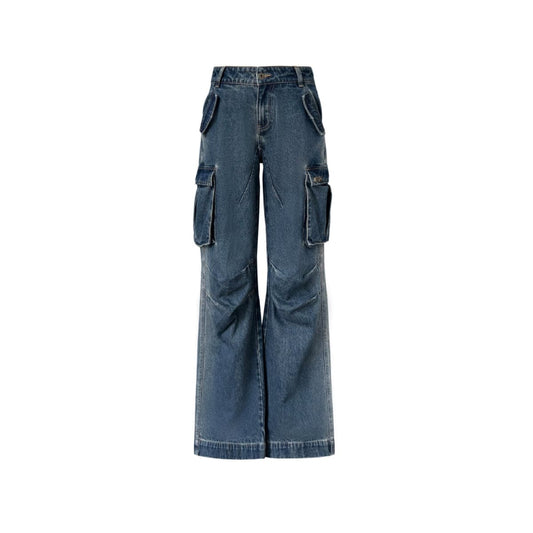 IFIK Retro Wash Denim Wide-Leg Cargo Pants Blue