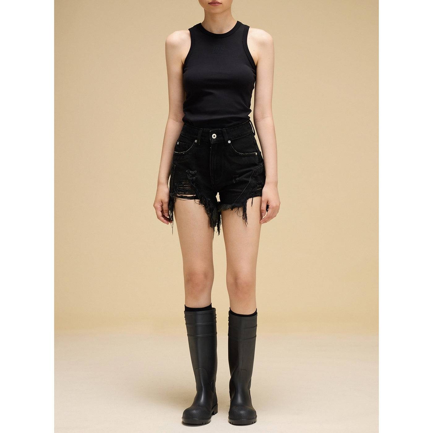 IFIK Irregular Destroy Wash Denim Shorts Black