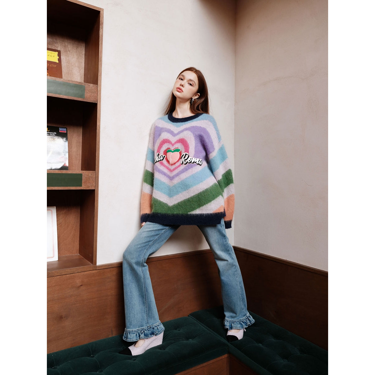 Rocha Roma Striped Rainbow Heart Sweater