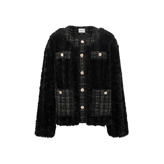 Charlie Luciano Tweed Patch Faux Fur Coat Black