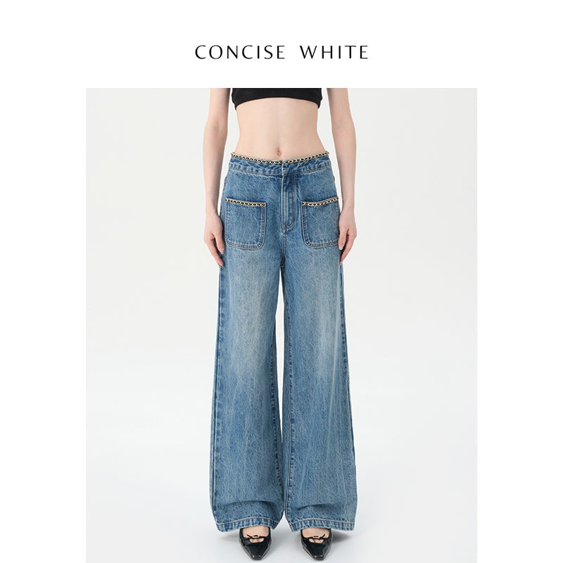 Concise-White Chain Pockets Wide-Leg Denim Pants