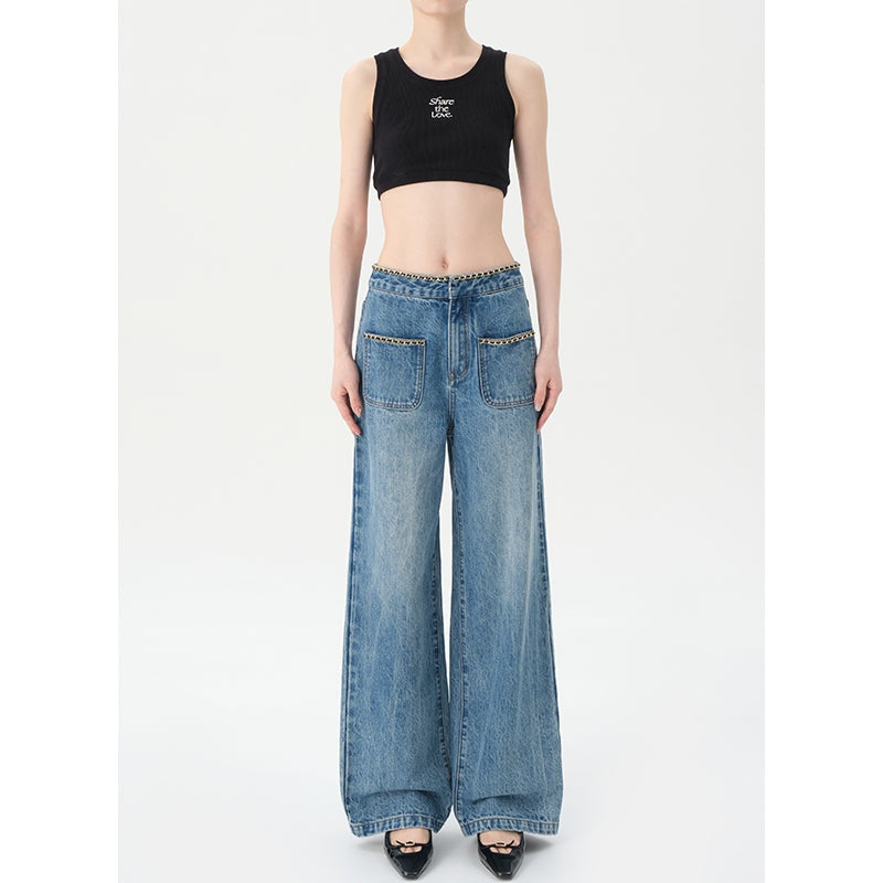 Concise-White Chain Pockets Wide-Leg Denim Pants