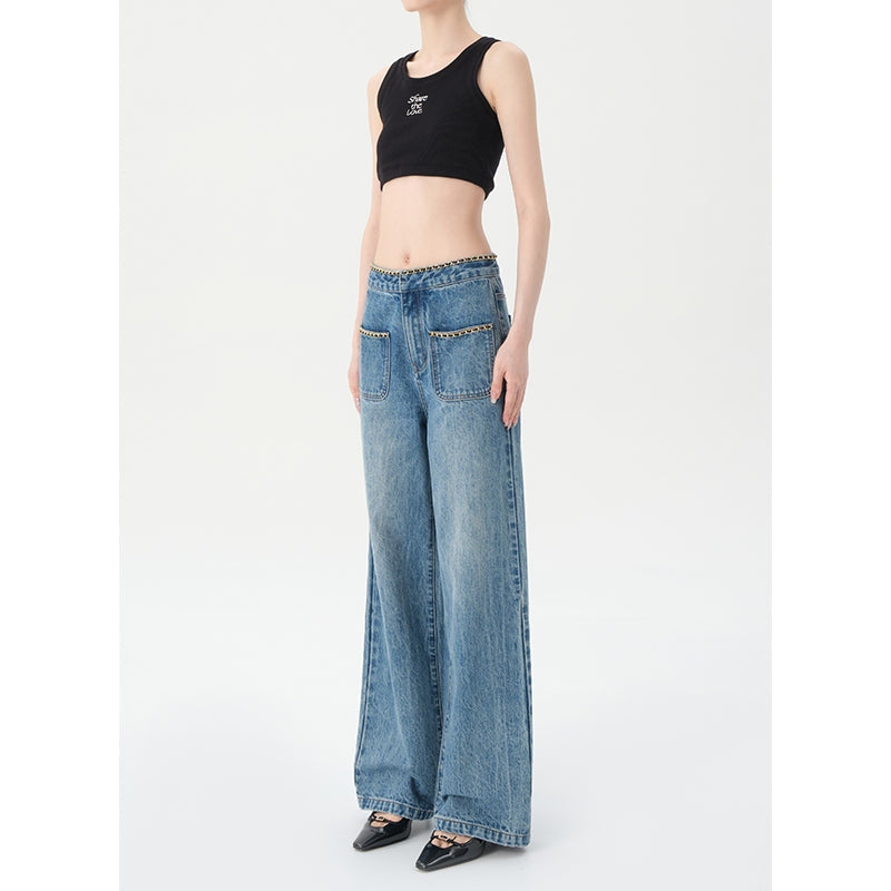 Concise-White Chain Pockets Wide-Leg Denim Pants